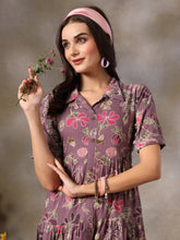 Women's Purple Tropical Printed Rayon Tiered Dress-DRSPURPLESOMIL